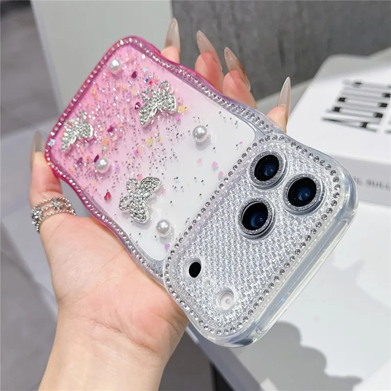Für iPhone 17 Pro Max TPU Hülle mit Strass-Butterfly-Perlen-Glitzer-Epoxy-Telefonabdeckung mit Glasobjektivschutz - Gradient Rosa