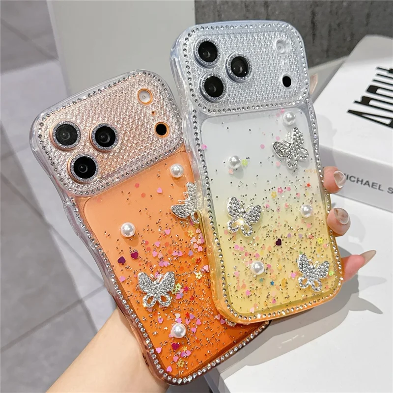 Für iPhone 17 Pro Max TPU Hülle mit Strass-Butterfly-Perlen-Glitzer-Epoxy-Telefonabdeckung mit Glasobjektivschutz - Gradient Rosa