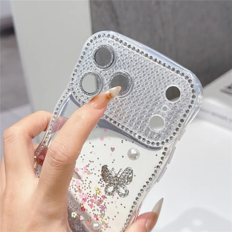 Für iPhone 17 Pro Max TPU Hülle mit Strass-Butterfly-Perlen-Glitzer-Epoxy-Telefonabdeckung mit Glasobjektivschutz - Gradient Rosa