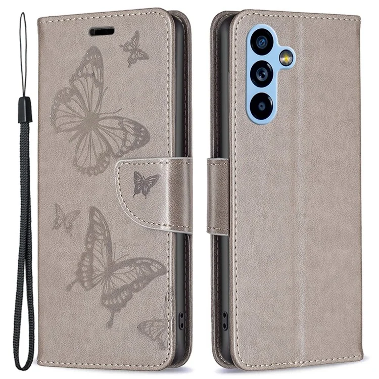 For Samsung Galaxy A54 5G Wallet Case Imprinted Butterflies Leather Phone Cover with Strap - Grey