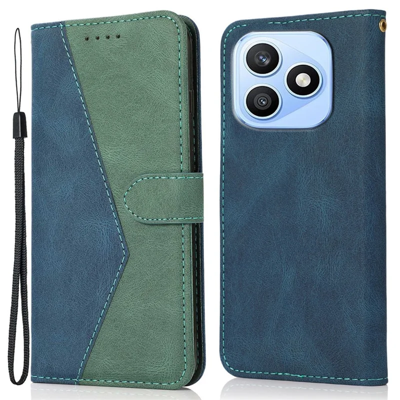 For Honor X8d 4G Case Color Splicing Wallet Stand Leather Phone Cover with Wrist Strap - Blue  /  Green