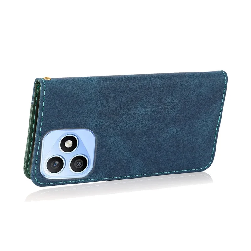 For Honor X8d 4G Case Color Splicing Wallet Stand Leather Phone Cover with Wrist Strap - Blue  /  Green
