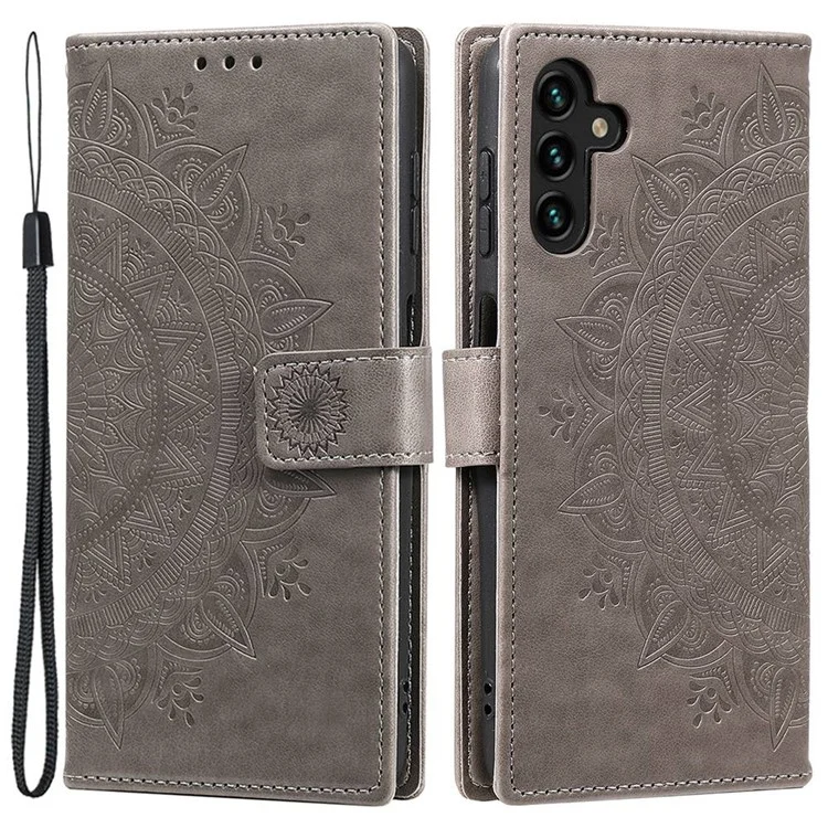 Para Samsung Galaxy A54 5G Capa de carteira com estampa de flor de mandala impressa Capa flip de couro PU com suporte magnético - Cinza