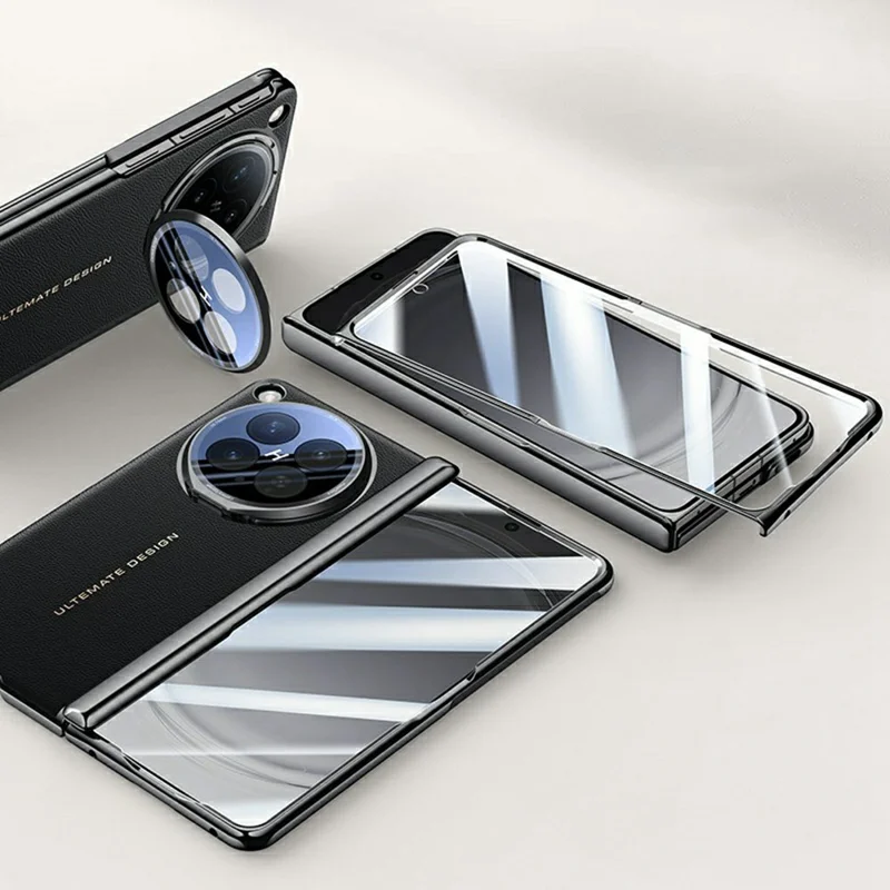 For Oppo Find N6 5G Case with Tempered Glass Screen Protector Lens Kickstand Electroplated Phone Cover - Black