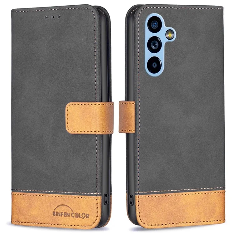 BINFEN COLOR for Samsung Galaxy A54 5G Case Color Splicing Skin Touch Leather Phone Cover Wallet Stand - Black
