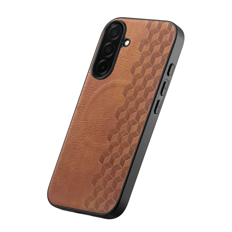 For Samsung Galaxy S26 Magnetic Phone Case with Grid Pattern Protective PU Leather + PC Cover - Brown