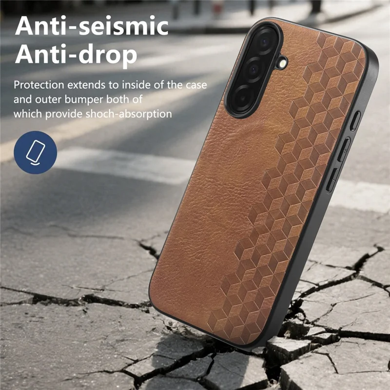 For Samsung Galaxy S26 Magnetic Phone Case with Grid Pattern Protective PU Leather + PC Cover - Brown