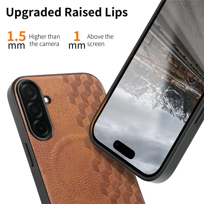 For Samsung Galaxy S26+ Magnetic Phone Case with Grid Pattern Protective PU Leather + PC Cover - Brown