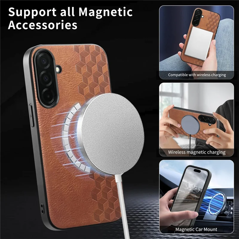 For Samsung Galaxy S26+ Magnetic Phone Case with Grid Pattern Protective PU Leather + PC Cover - Brown