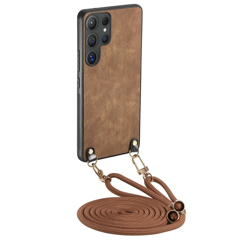 For Samsung Galaxy S26 Ultra Retro Leather Phone Back Cover with Adjustable Strap - Brown