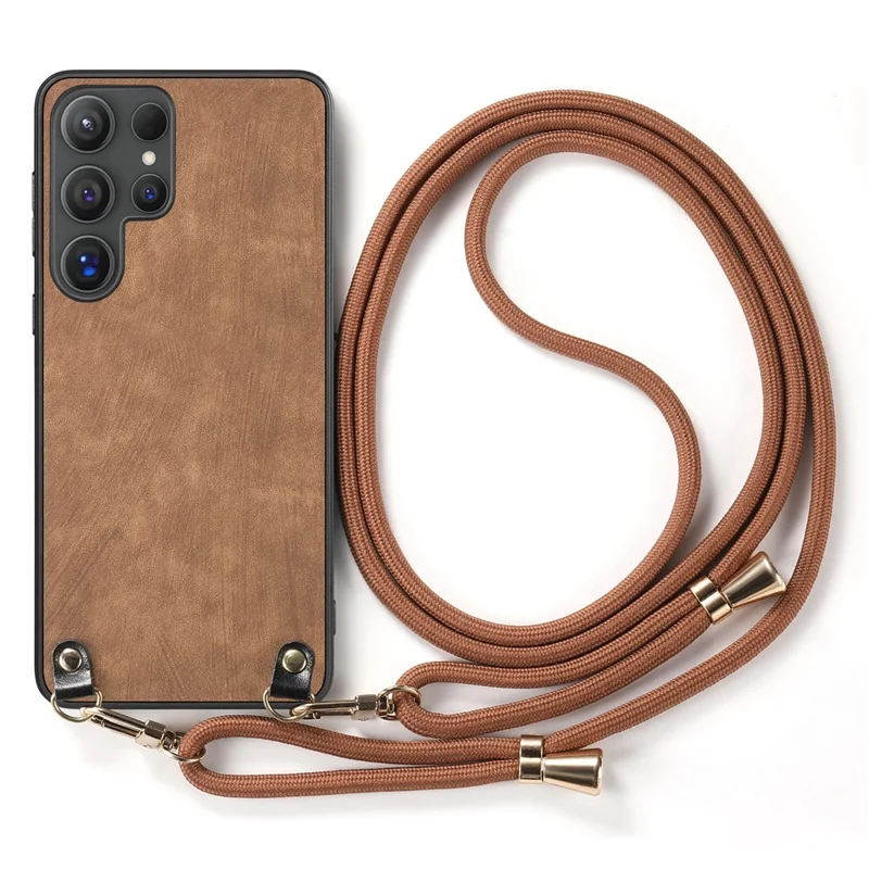 For Samsung Galaxy S26 Ultra Retro Leather Phone Back Cover with Adjustable Strap - Brown