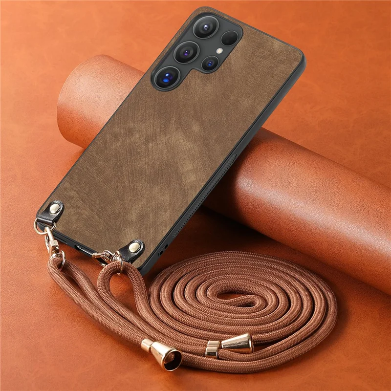 For Samsung Galaxy S26 Ultra Retro Leather Phone Back Cover with Adjustable Strap - Brown