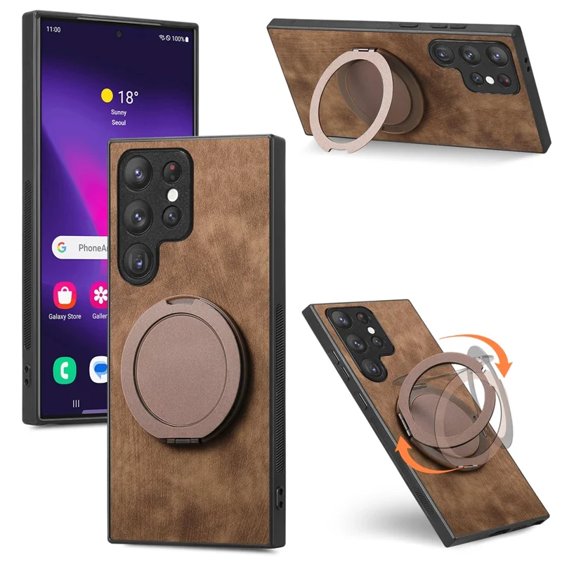 For Samsung Galaxy S26 Ultra Phone Case with Rotating Kickstand Stress Relief Retro Leather Back Cover - Brown