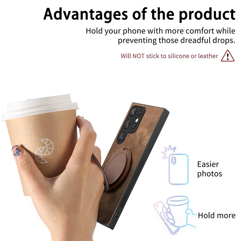 For Samsung Galaxy S26 Ultra Phone Case with Rotating Kickstand Stress Relief Retro Leather Back Cover - Brown