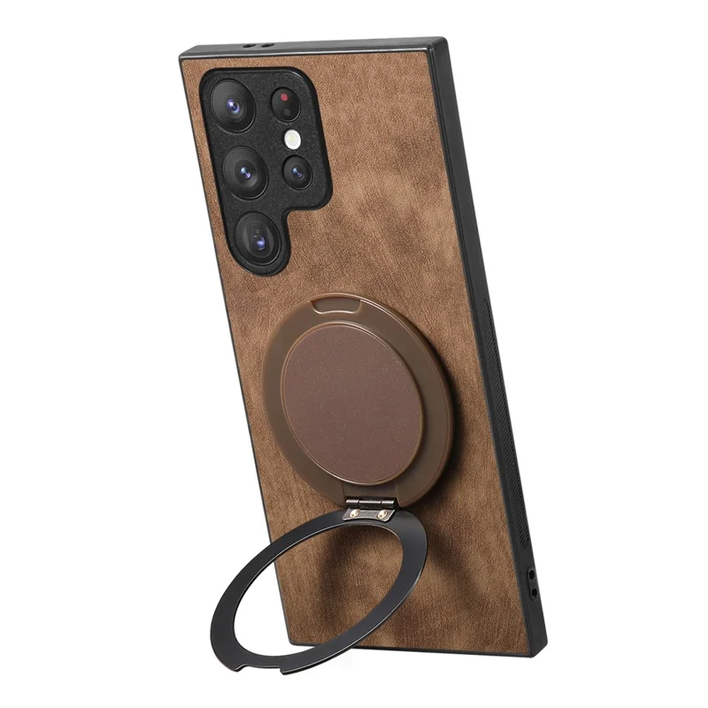 For Samsung Galaxy S26 Ultra Phone Case with Rotating Kickstand Stress Relief Retro Leather Back Cover - Brown