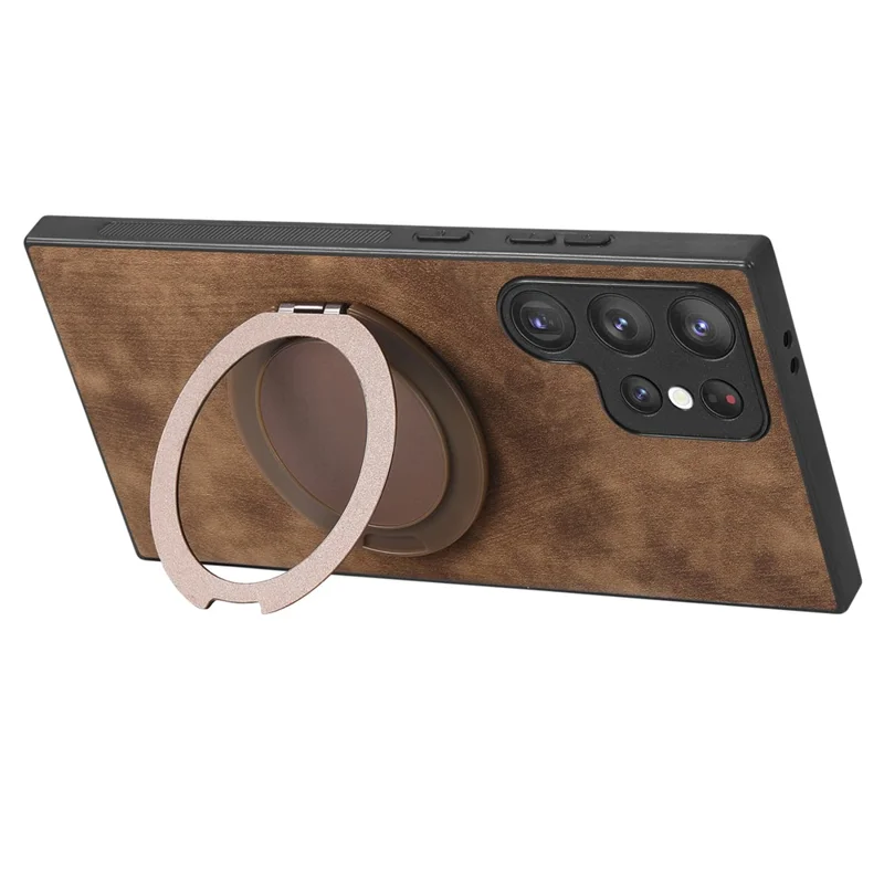 For Samsung Galaxy S26 Ultra Phone Case with Rotating Kickstand Stress Relief Retro Leather Back Cover - Brown