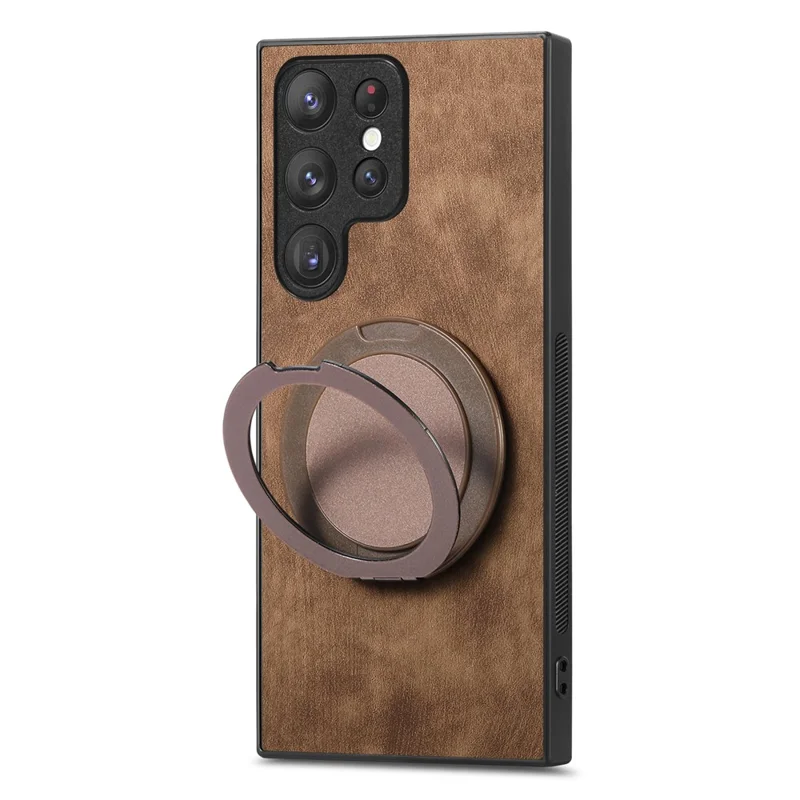 For Samsung Galaxy S26 Ultra Phone Case with Rotating Kickstand Stress Relief Retro Leather Back Cover - Brown