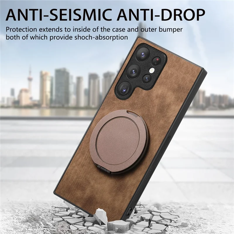 For Samsung Galaxy S26 Ultra Phone Case with Rotating Kickstand Stress Relief Retro Leather Back Cover - Brown