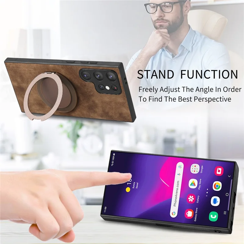 For Samsung Galaxy S26 Ultra Phone Case with Rotating Kickstand Stress Relief Retro Leather Back Cover - Brown