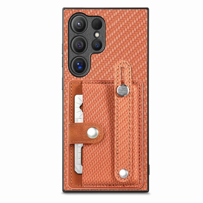 For Samsung Galaxy S26 Ultra Case Wristband Anti-Drop Leather Back Cover Card Holder - Brown