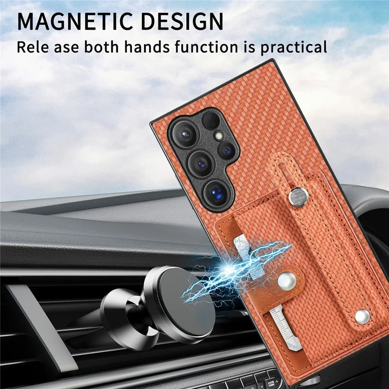 For Samsung Galaxy S26 Ultra Case Wristband Anti-Drop Leather Back Cover Card Holder - Brown