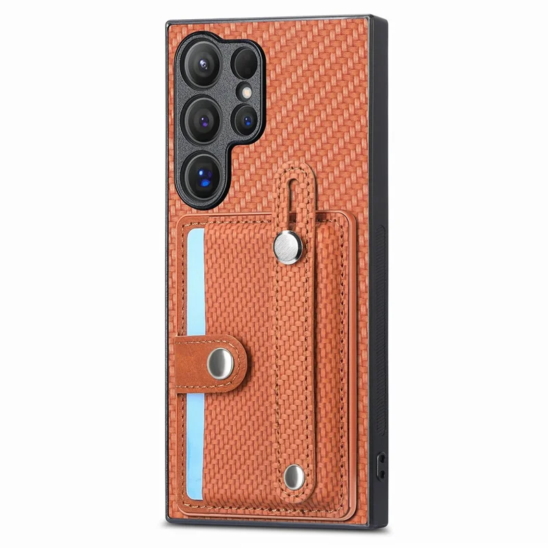For Samsung Galaxy S26 Ultra Case Wristband Anti-Drop Leather Back Cover Card Holder - Brown