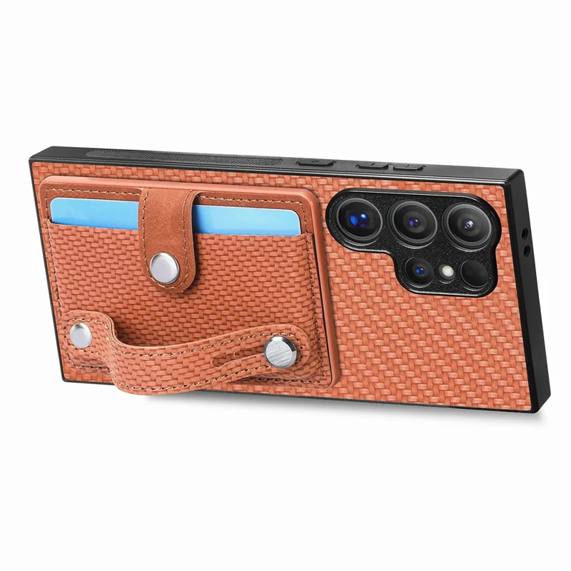 For Samsung Galaxy S26 Ultra Case Wristband Anti-Drop Leather Back Cover Card Holder - Brown