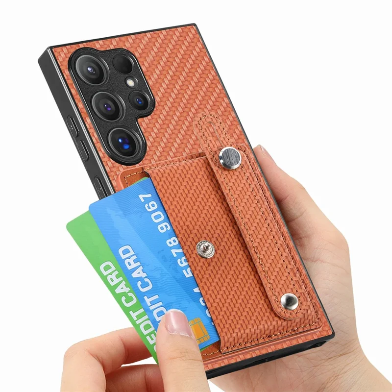 For Samsung Galaxy S26 Ultra Case Wristband Anti-Drop Leather Back Cover Card Holder - Brown