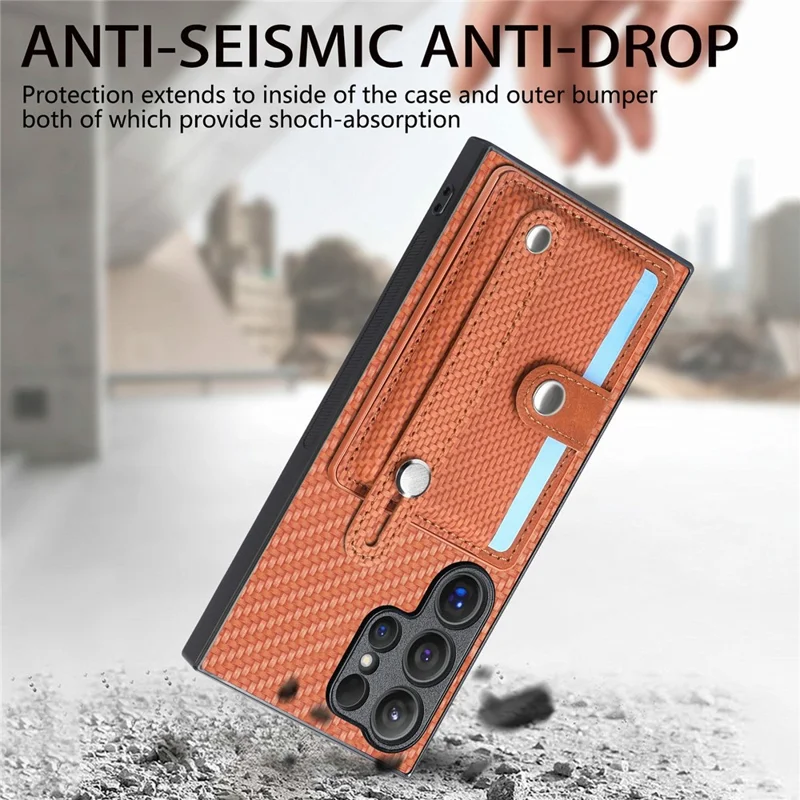 For Samsung Galaxy S26 Ultra Case Wristband Anti-Drop Leather Back Cover Card Holder - Brown