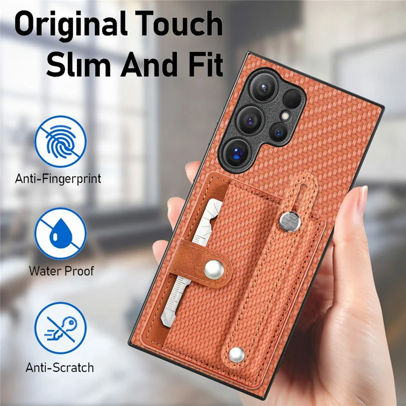 For Samsung Galaxy S26 Ultra Case Wristband Anti-Drop Leather Back Cover Card Holder - Brown