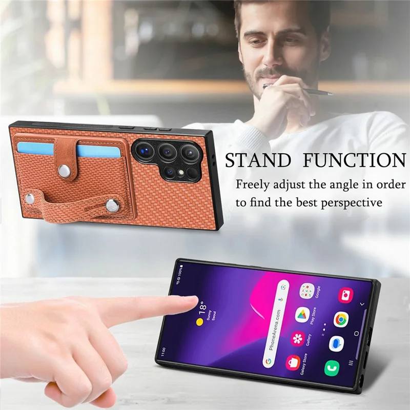 For Samsung Galaxy S26 Ultra Case Wristband Anti-Drop Leather Back Cover Card Holder - Brown