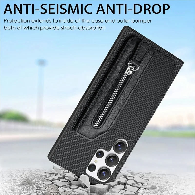 For Samsung Galaxy S26 Ultra Case Leather+PC+TPU Zipper Wallet Phone Cover - Black