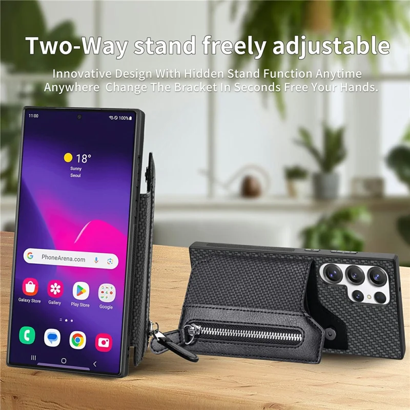 For Samsung Galaxy S26 Ultra Case Leather+PC+TPU Zipper Wallet Phone Cover - Black