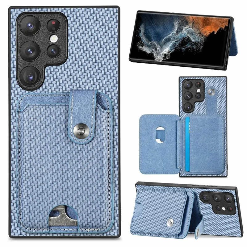 For Samsung Galaxy S26 Ultra Case Card Holder Leather Back Cover Carbon Fiber Texture - Blue