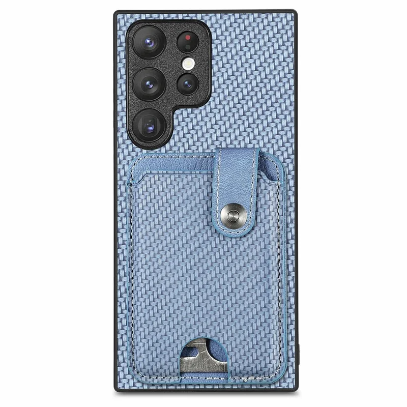 For Samsung Galaxy S26 Ultra Case Card Holder Leather Back Cover Carbon Fiber Texture - Blue