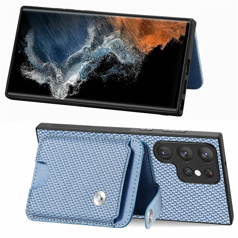 For Samsung Galaxy S26 Ultra Case Card Holder Leather Back Cover Carbon Fiber Texture - Blue