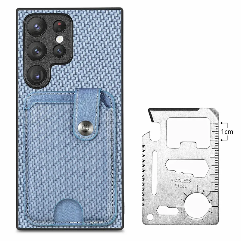 For Samsung Galaxy S26 Ultra Case Card Holder Leather Back Cover Carbon Fiber Texture - Blue