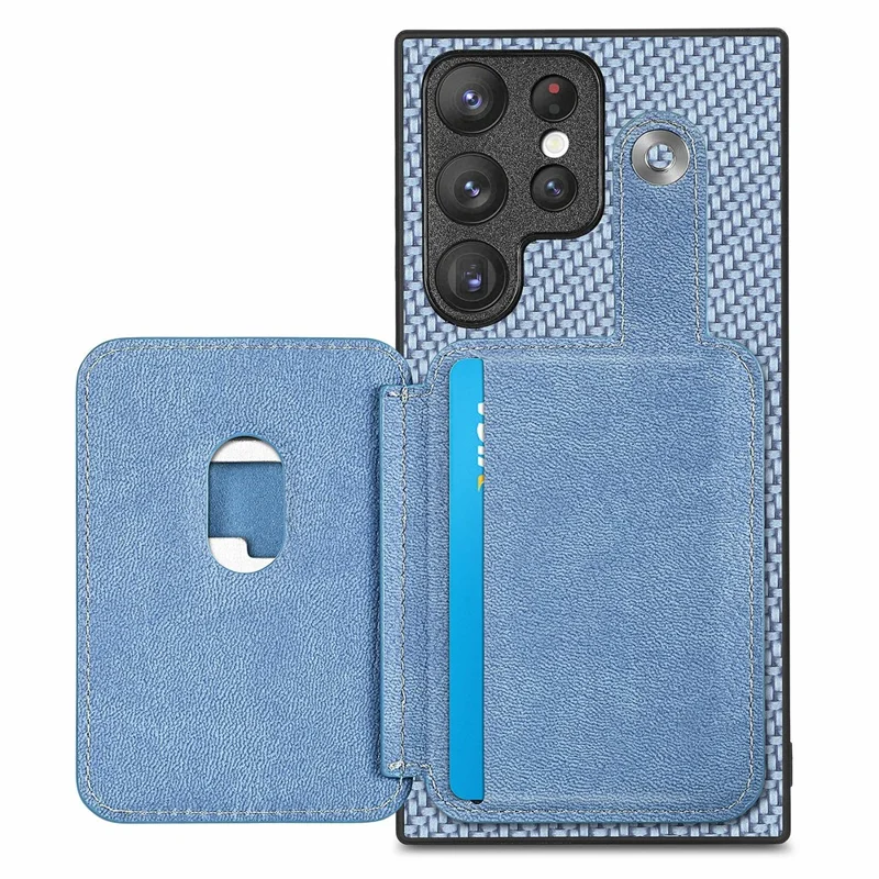 For Samsung Galaxy S26 Ultra Case Card Holder Leather Back Cover Carbon Fiber Texture - Blue