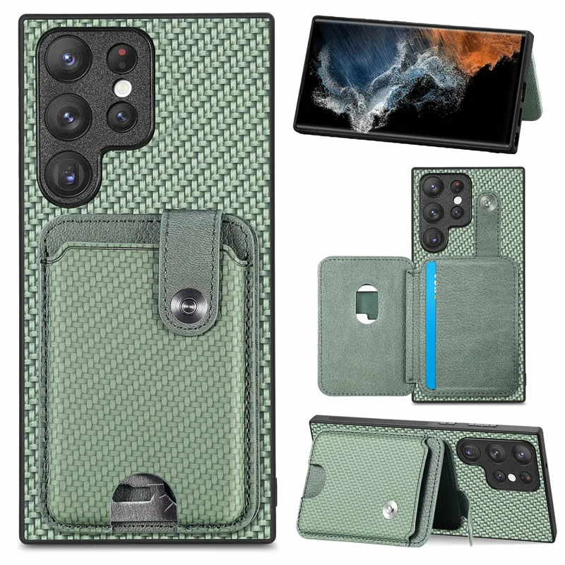 For Samsung Galaxy S26 Ultra Case Card Holder Leather Back Cover Carbon Fiber Texture - Green