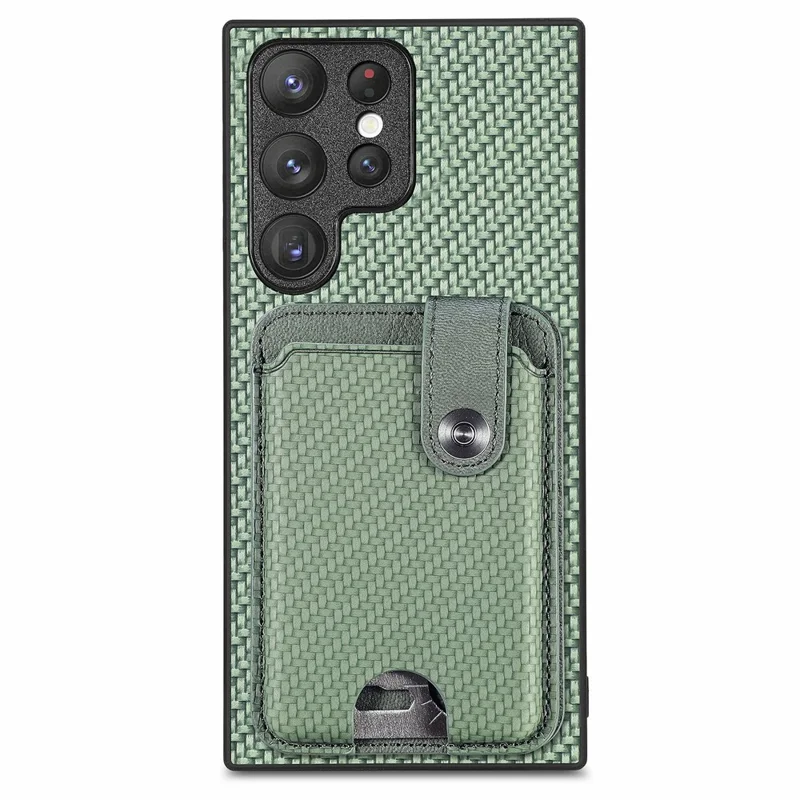 For Samsung Galaxy S26 Ultra Case Card Holder Leather Back Cover Carbon Fiber Texture - Green