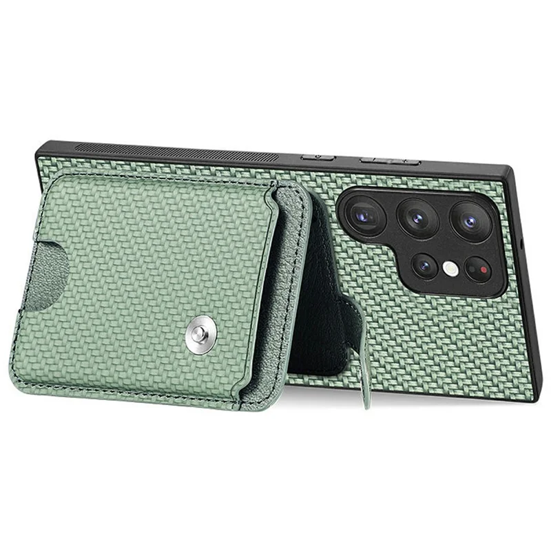 For Samsung Galaxy S26 Ultra Case Card Holder Leather Back Cover Carbon Fiber Texture - Green