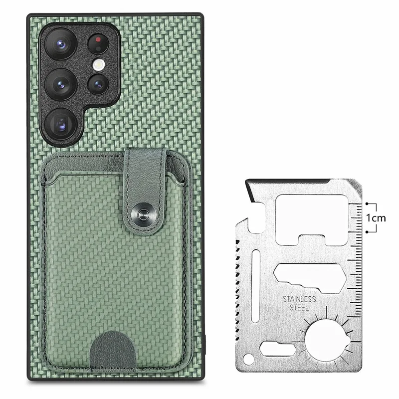 For Samsung Galaxy S26 Ultra Case Card Holder Leather Back Cover Carbon Fiber Texture - Green