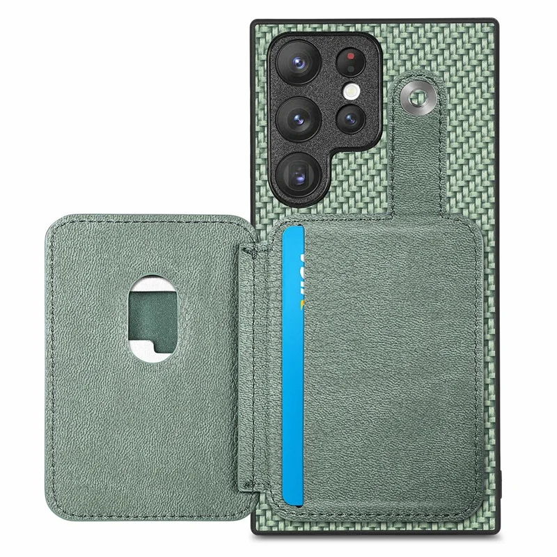 For Samsung Galaxy S26 Ultra Case Card Holder Leather Back Cover Carbon Fiber Texture - Green