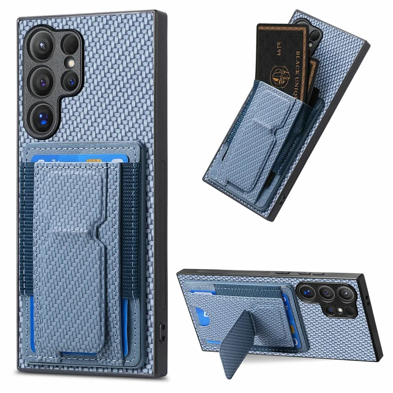 For Samsung Galaxy S26 Ultra Case with Card Holder Kickstand Fiber Pattern Leather Back Cover - Blue