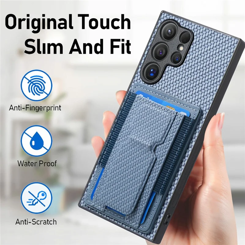 For Samsung Galaxy S26 Ultra Case with Card Holder Kickstand Fiber Pattern Leather Back Cover - Blue