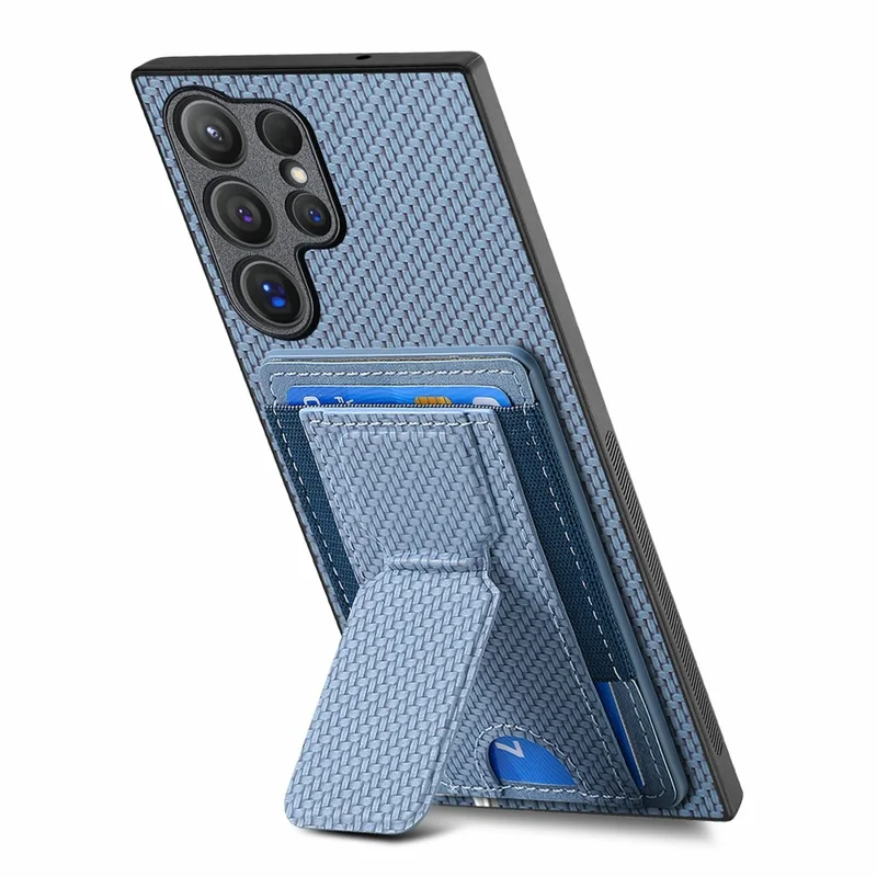 For Samsung Galaxy S26 Ultra Case with Card Holder Kickstand Fiber Pattern Leather Back Cover - Blue