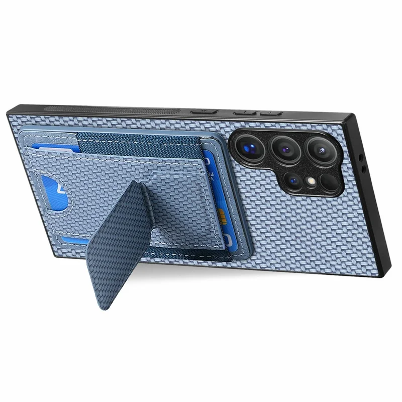 For Samsung Galaxy S26 Ultra Case with Card Holder Kickstand Fiber Pattern Leather Back Cover - Blue