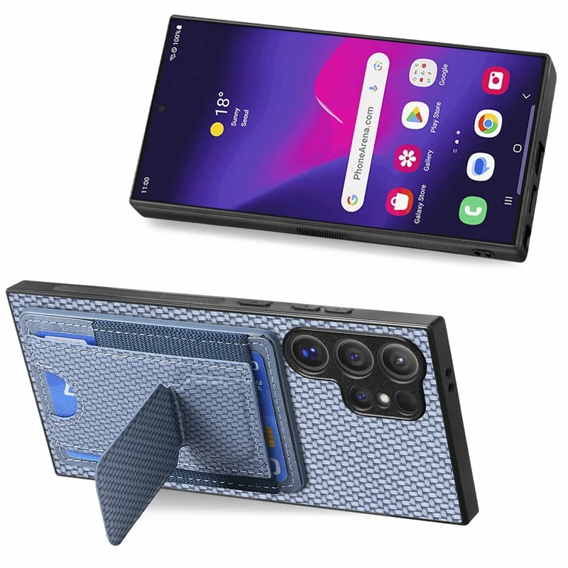 For Samsung Galaxy S26 Ultra Case with Card Holder Kickstand Fiber Pattern Leather Back Cover - Blue