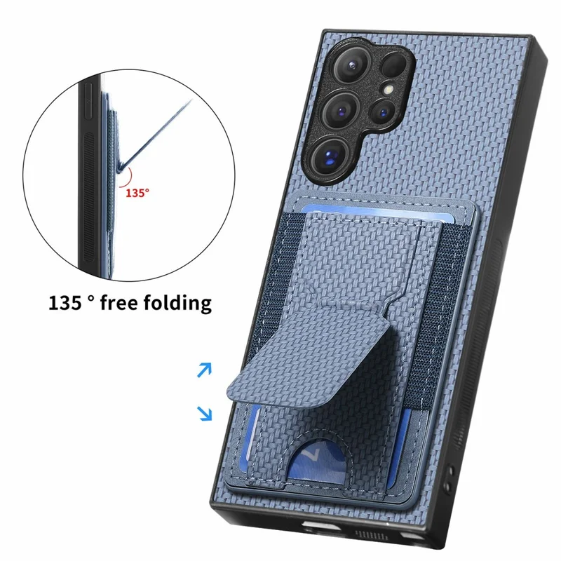 For Samsung Galaxy S26 Ultra Case with Card Holder Kickstand Fiber Pattern Leather Back Cover - Blue