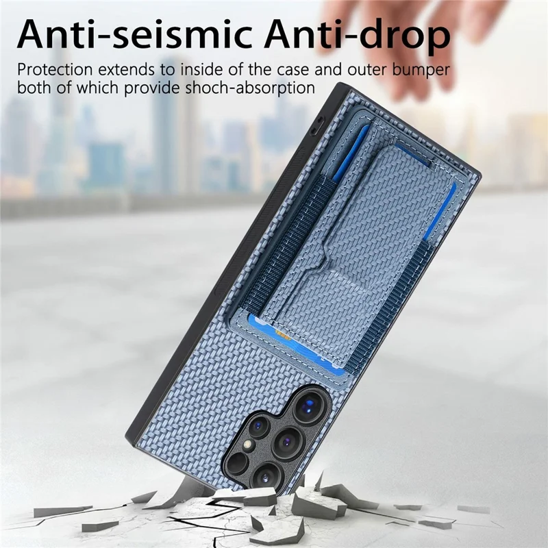 For Samsung Galaxy S26 Ultra Case with Card Holder Kickstand Fiber Pattern Leather Back Cover - Blue